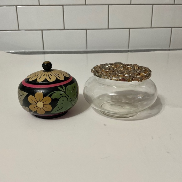 VTG Handpainted Lacquerware Trinket or Sugar Bowl & Glass Metal Trinket Dish - Picture 1 of 7